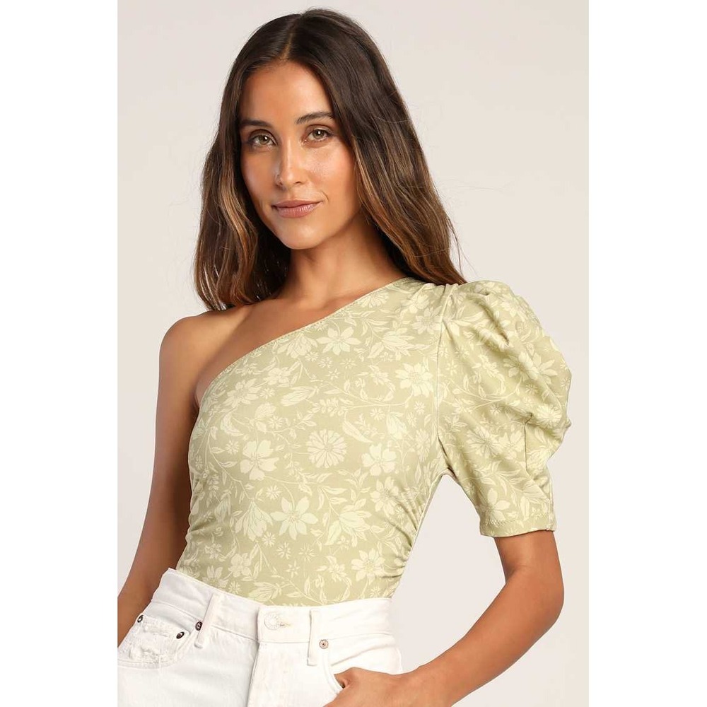 Intimately Free People One‎ Shoulder Puff Sleeve Floral Bodysuit Sage Green XS